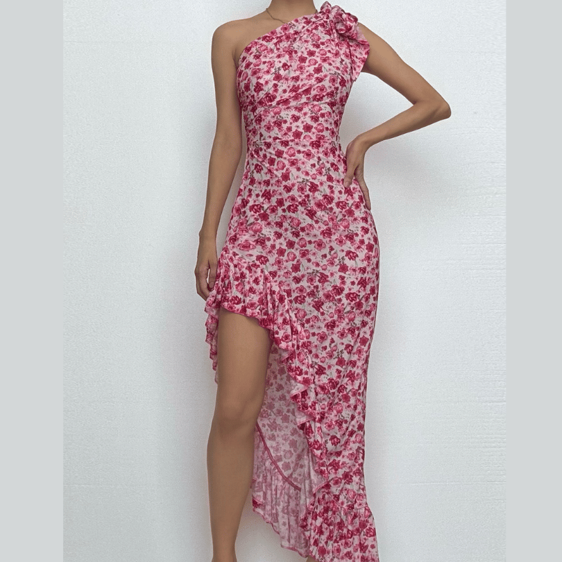 One shoulder knotted slit flower print ruffle maxi dress  | Festival Outfits Women
