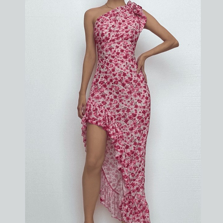 One shoulder knotted slit flower print ruffle maxi dress  | Festival Outfits Women