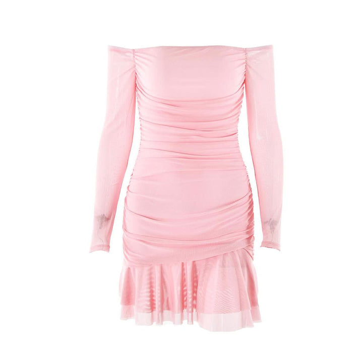 Long sleeve off shoulder ruched mesh mini dress  | Festival Outfits Women