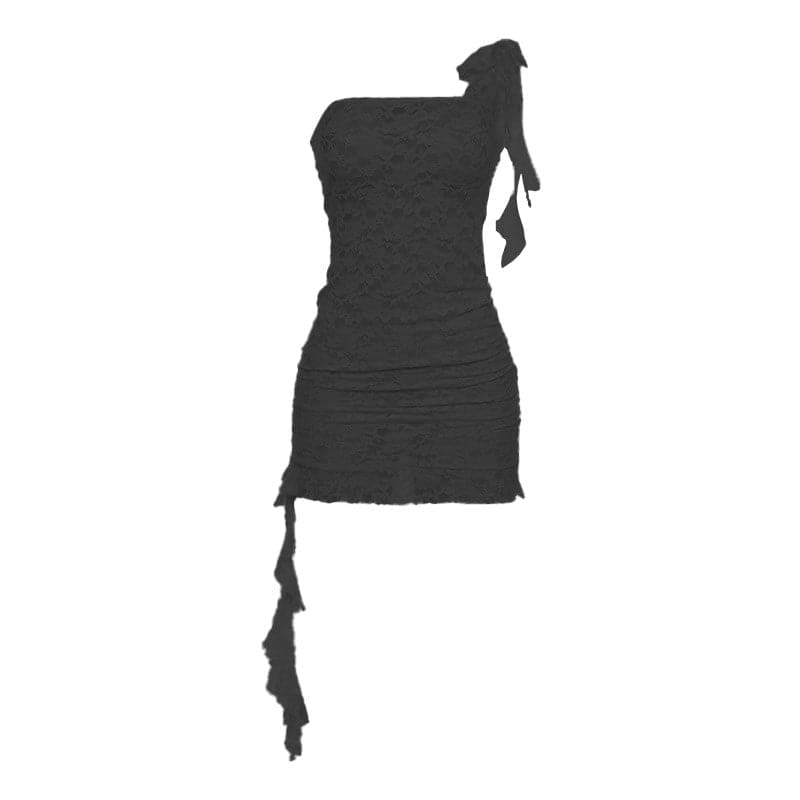 Lace see through one shoulder ruffle knotted ruched mini dress  | Festival Outfits Women-final-sale