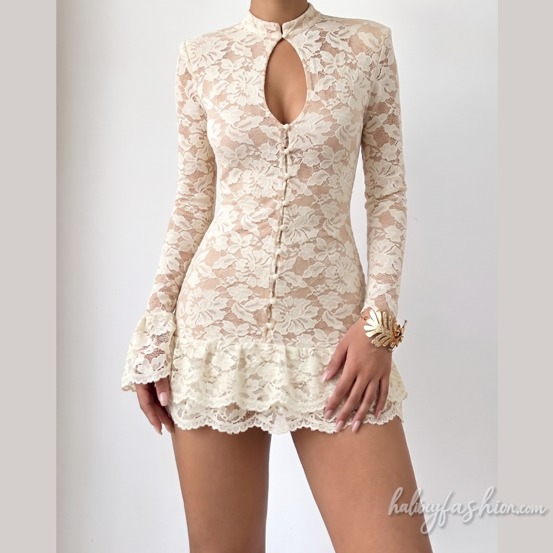 Long flared sleeve lace hollow out button mini dress - Halibuy