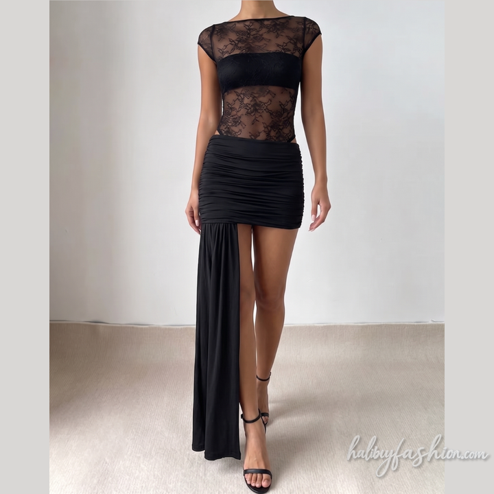 Crewneck cap sleeve lace ruched irregular mini skirt set