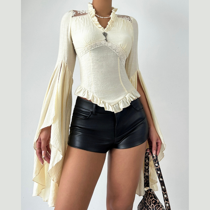 Long flared sleeve v neck ruched solid top  | Festival Outfits Women