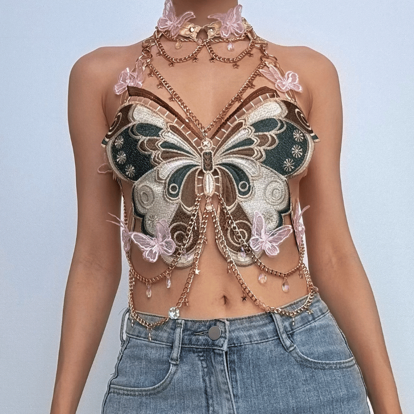 Butterfly embroidery metal chain halter top with choker  | Festival Outfits Women