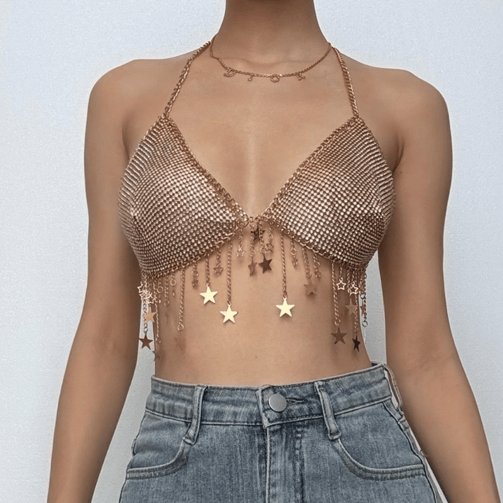 Metal chain star decor halter backless bralette top  | Festival Outfits Women