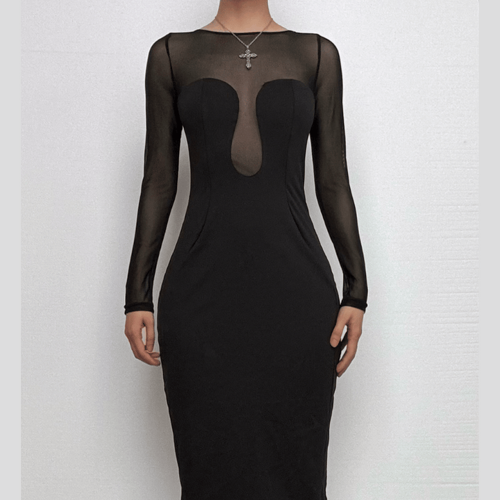 Long sleeve mesh patchwork button midi dress  | Festival Outfits Women