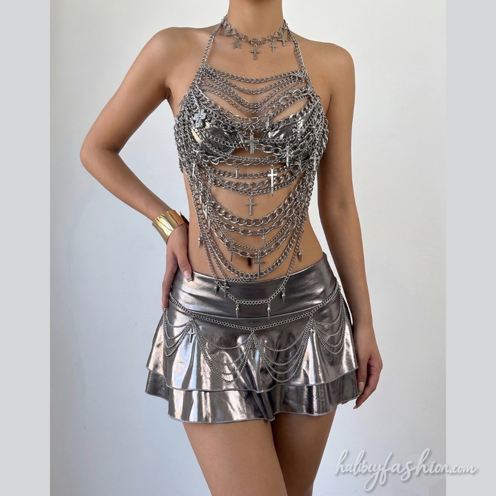 Metal chain halter hollow out cross applique top