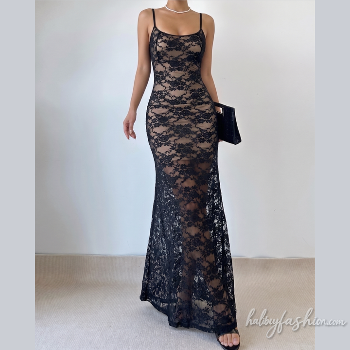 Lace u neck backless cami maxi dress