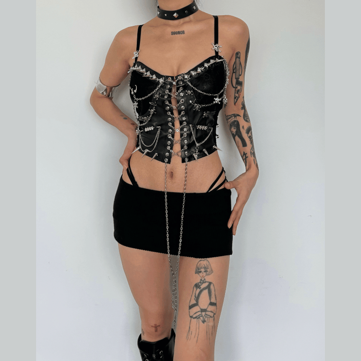 Metal chain rivet lace up PU leather cami top  | Festival Outfits Women-final-sale