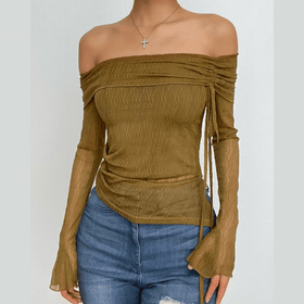 Long flared sleeve off shoulder drawstring ruched mesh top  | Festival Outfits Women
