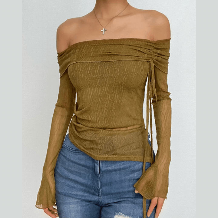 Long flared sleeve off shoulder drawstring ruched mesh top  | Festival Outfits Women
