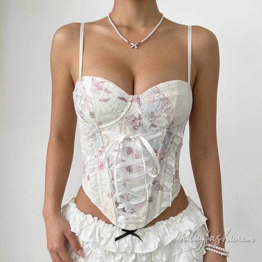 Print lace hem v neck lace up cami top
