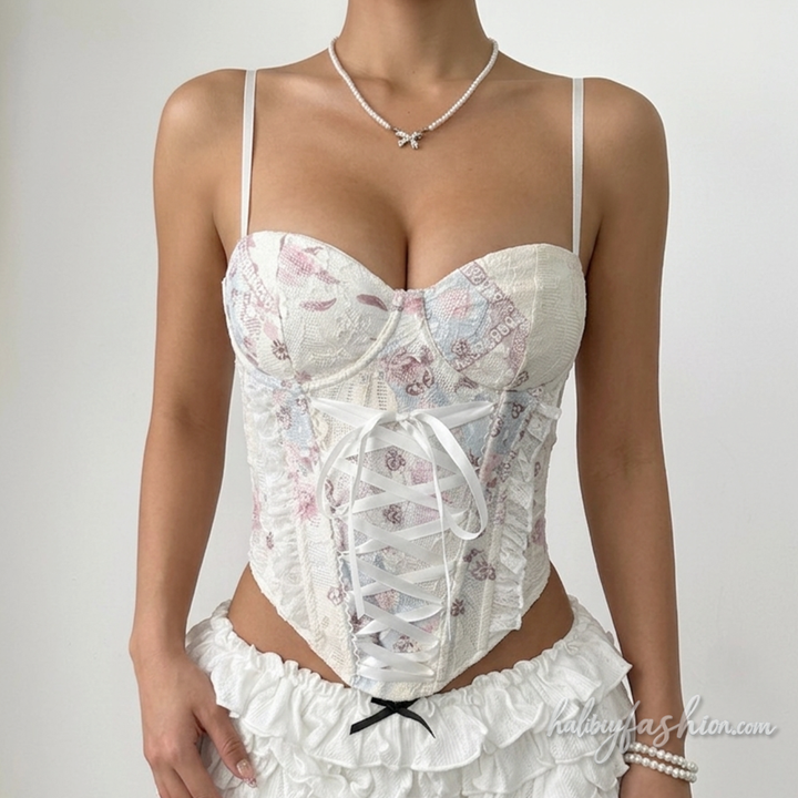 Print lace hem v neck lace up cami top