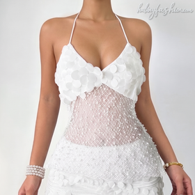 Halter self tie v neck glitter beaded zip-up top