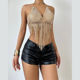V neck halter self tie tassels glitter top  | Festival Outfits Women