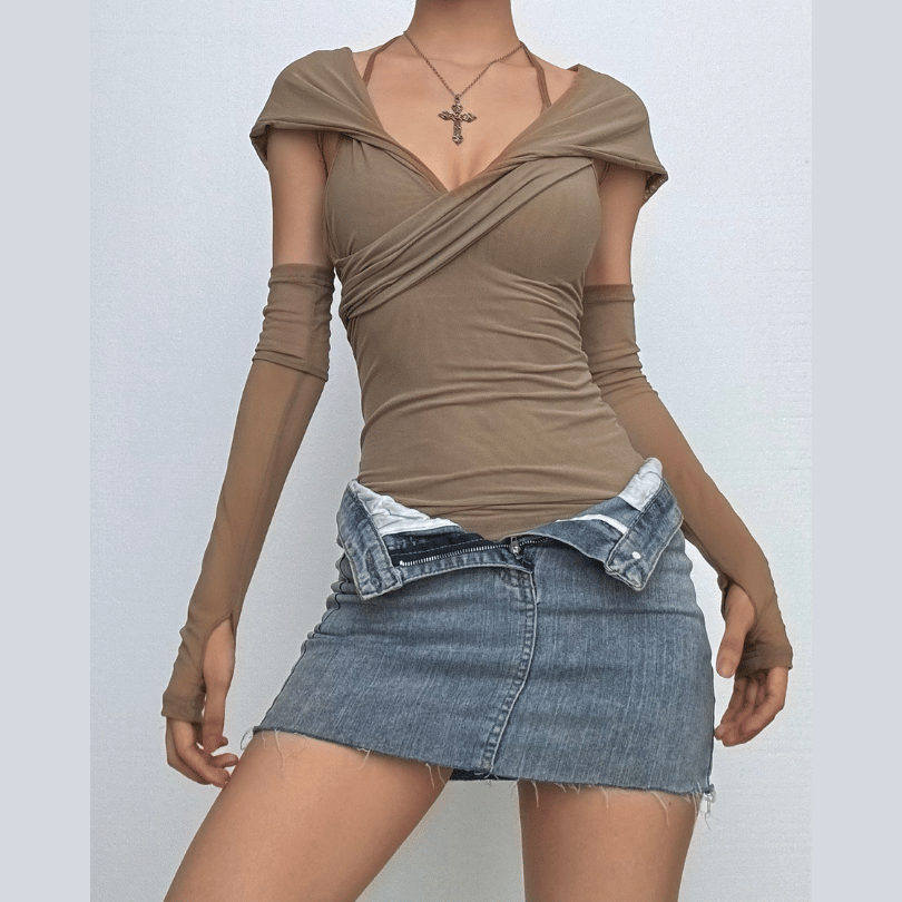 Hoodie gloves sheer mesh top  | Festival Outfits Women