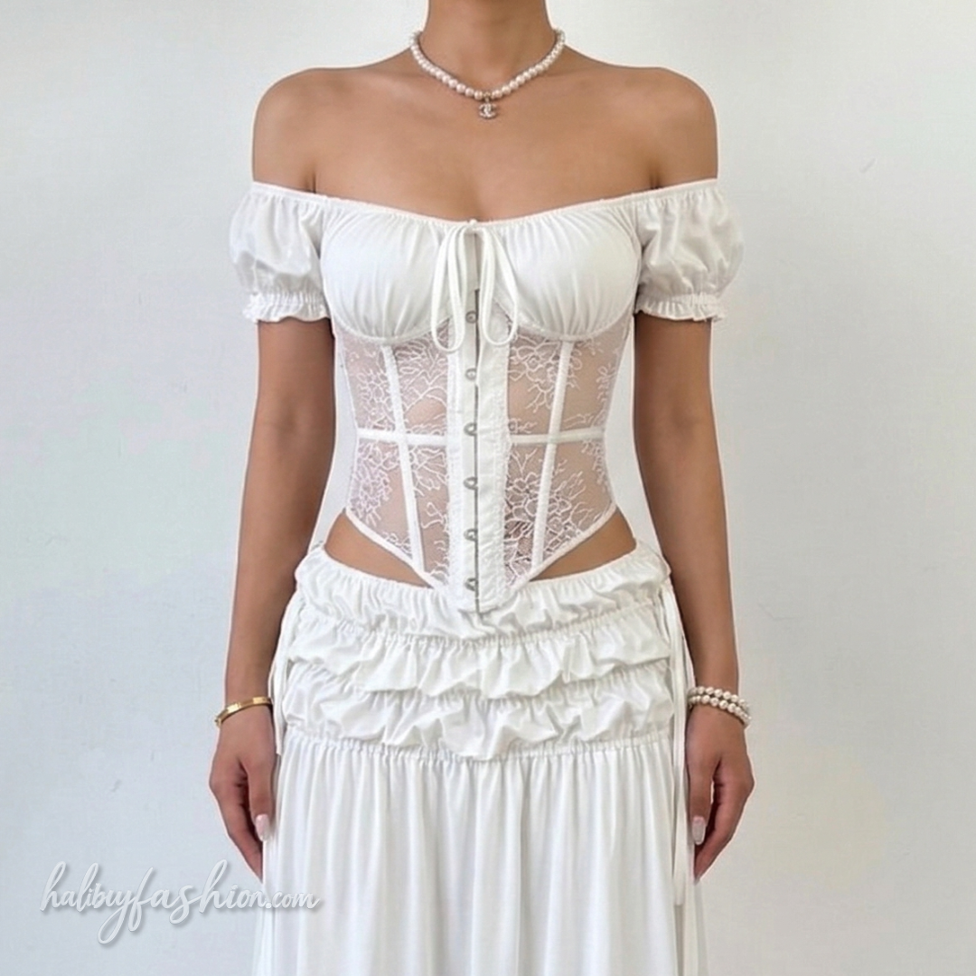 Lace ruched off shoulder self tie solid top