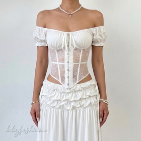 Lace ruched off shoulder self tie solid top