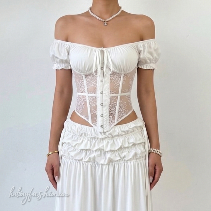 Lace ruched off shoulder self tie solid top