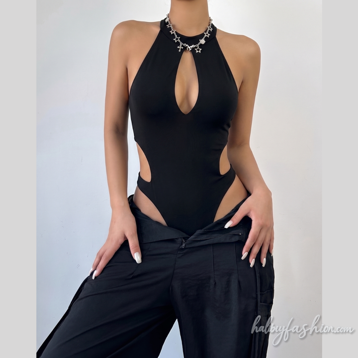 Crewneck hollow out sleeveless solid bodysuit - Halibuy