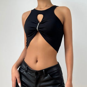 Hollow out sleeveless crewneck ruched solid crop cut out top