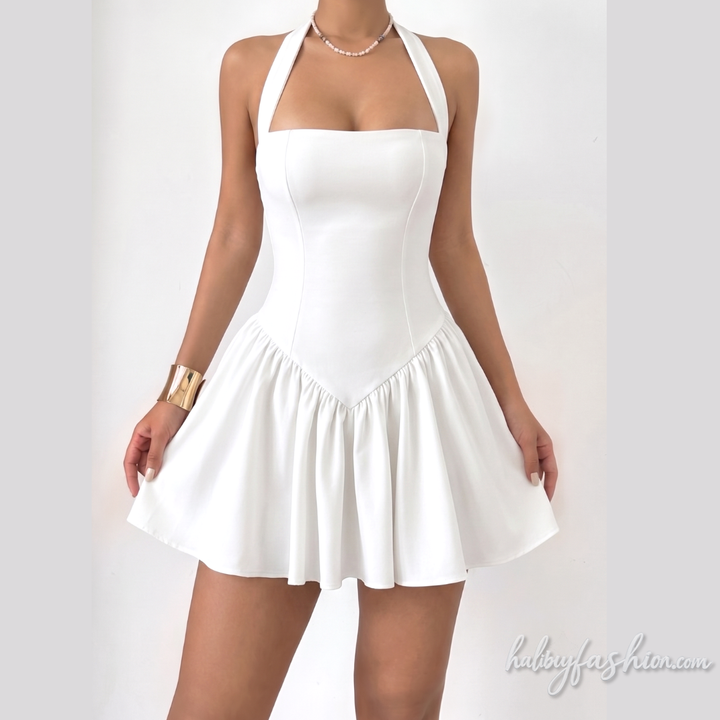 Halter self tie ruched square neck zip-up mini dress