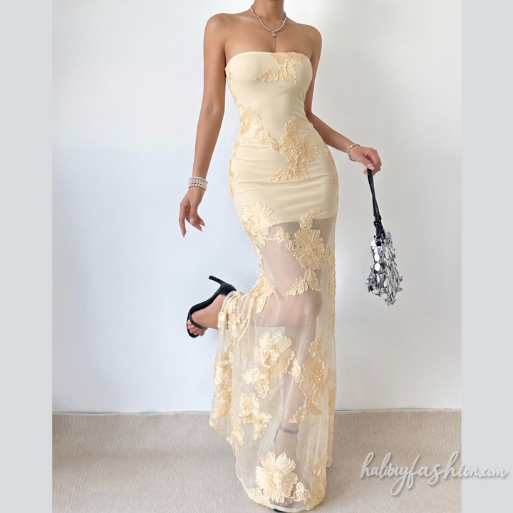 Mesh flower applique backless tube maxi dress