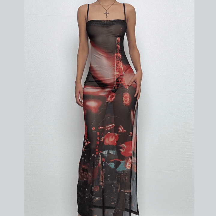 Abstract mesh high slit cami maxi dress  | Festival Outfits Women