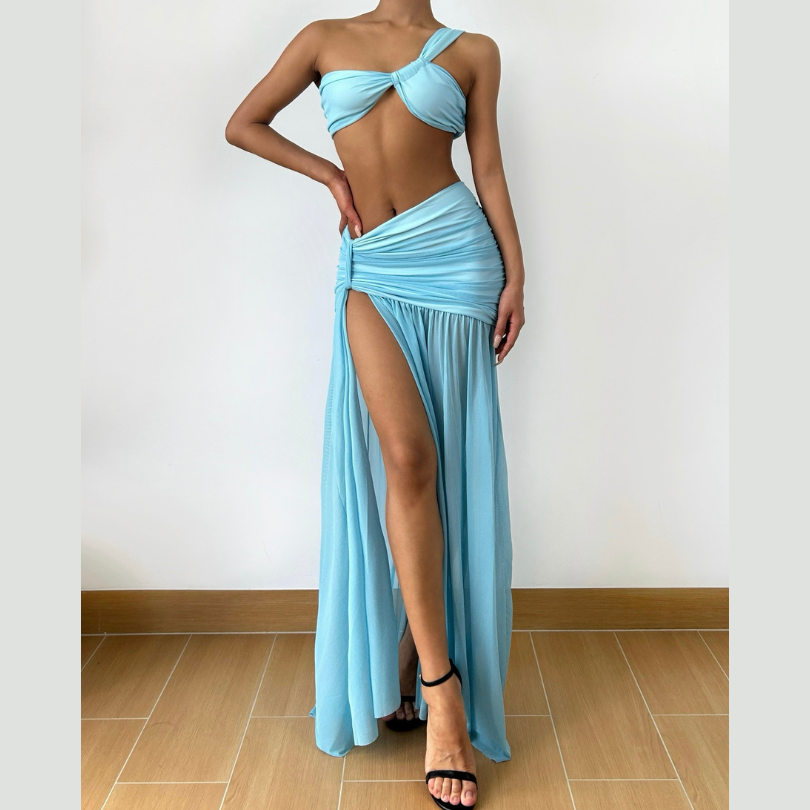 One shoulder ruched slit mesh maxi skirt set  | Festival Outfits Women