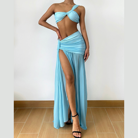 One shoulder ruched slit mesh maxi skirt set  | Festival Outfits Women