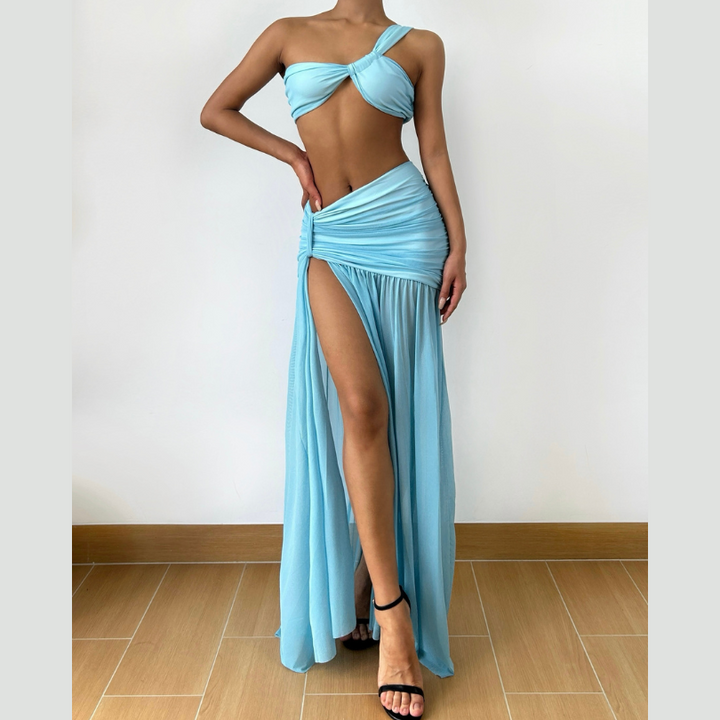 One shoulder ruched slit mesh maxi skirt set  | Festival Outfits Women