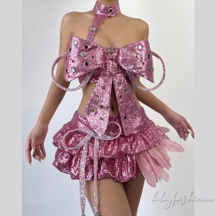 Bowknot glitter hollow out feather mini skirt set