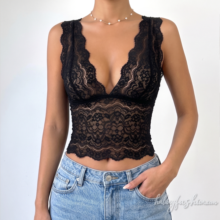 Lace v neck see through solid tank top