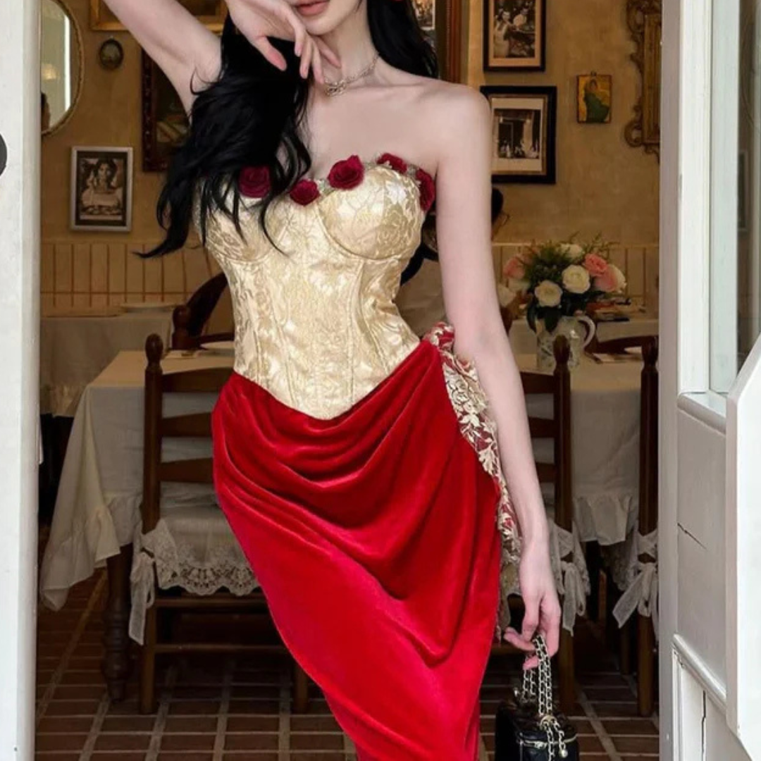 Sweetheart neck bustier flower applique contrast tube maxi dress  | Festival Outfits Women