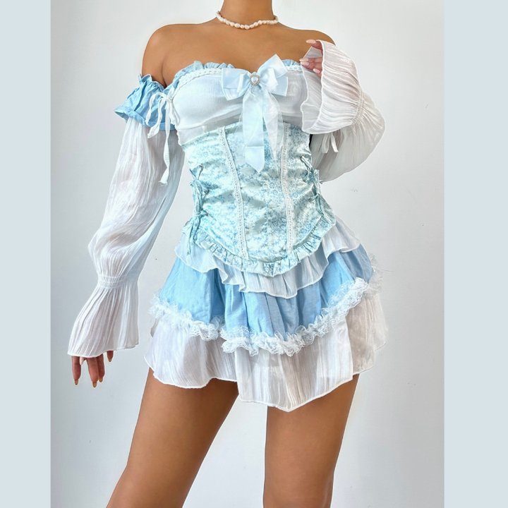 Off shoulder long sleeve bowknot ruffle self tie mini dress-final-sale