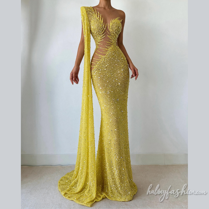 Irregular long flared sleeve one shoulder glitter maxi dress