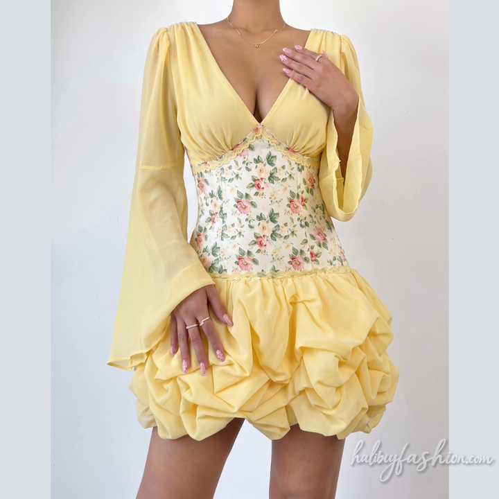 Long flared sleeve v neck flower print ruched mini dress - Halibuy
