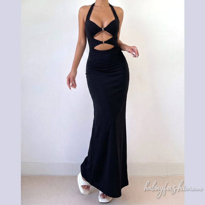 Halter hollow out slit v neck solid maxi dress - Halibuy