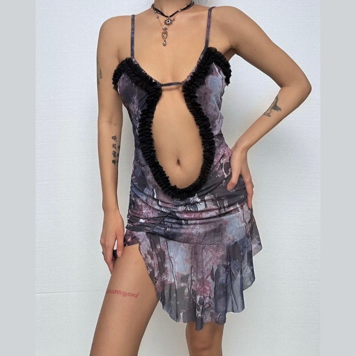 Double layered mesh ruffle hollow out cami cut out mini dress-final-sale