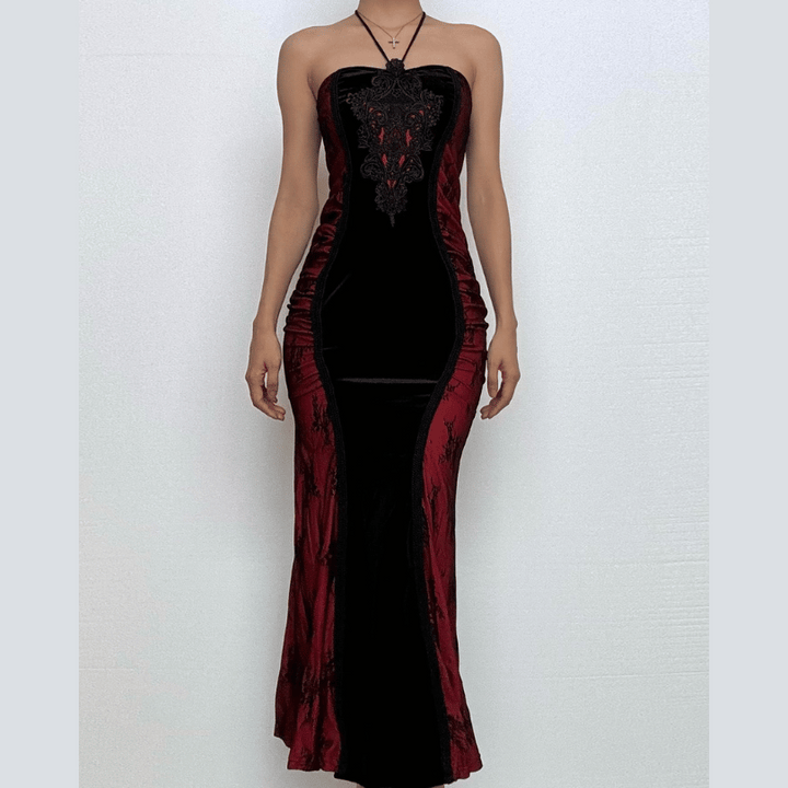 Halter embroidery ruched contrast maxi dress  | Festival Outfits Women-final-sale