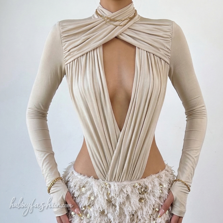 Long sleeve hollow out ruched gloves solid bodysuit