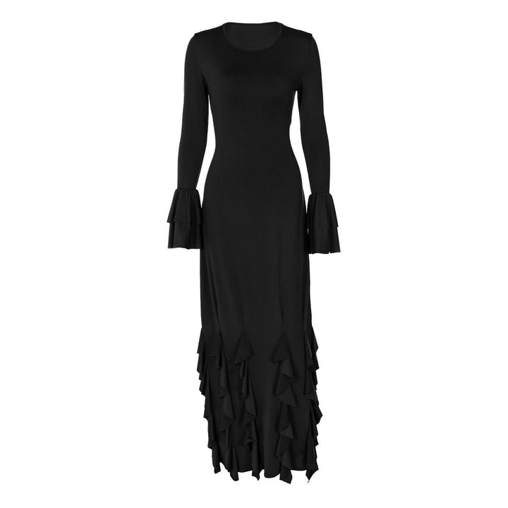 Long flared sleeve crewneck ruffle self tie maxi dress  | Festival Outfits Women