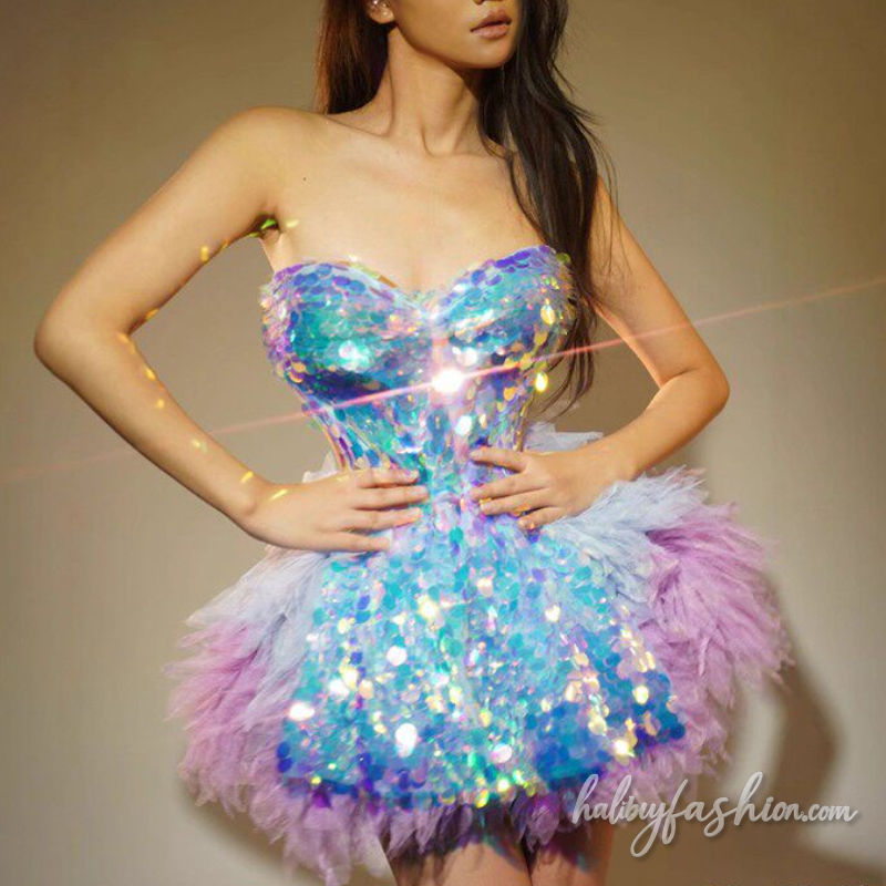 Glitter sweetheart neck mesh ruched self tie mini dress