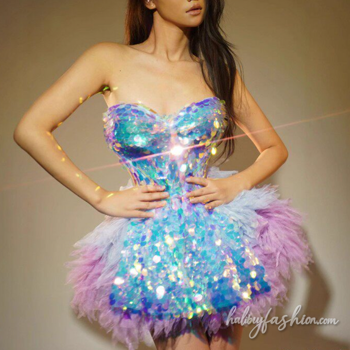 Glitter sweetheart neck mesh ruched self tie mini dress