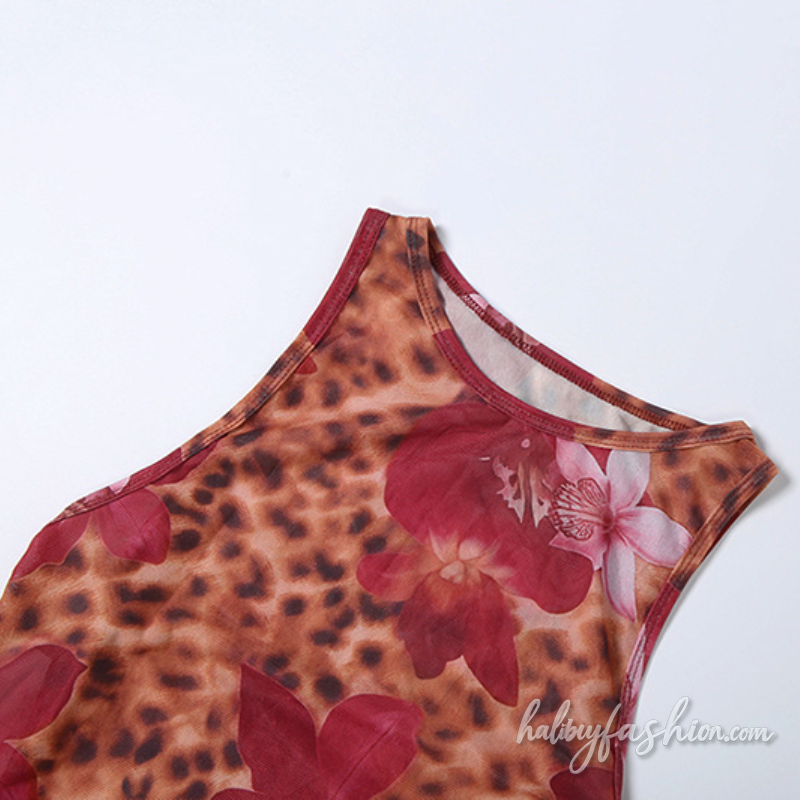 Leopard print crewneck o ring hollow out mini dress