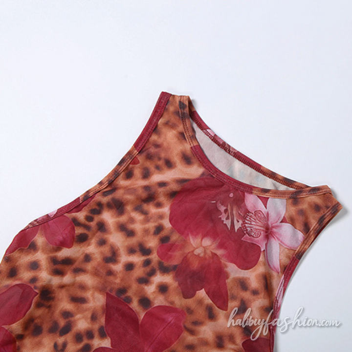 Leopard print crewneck o ring hollow out mini dress
