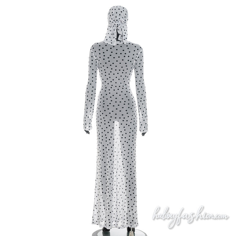 Polka dot long sleeve sheer mesh crewneck maxi dress - Halibuy - 5