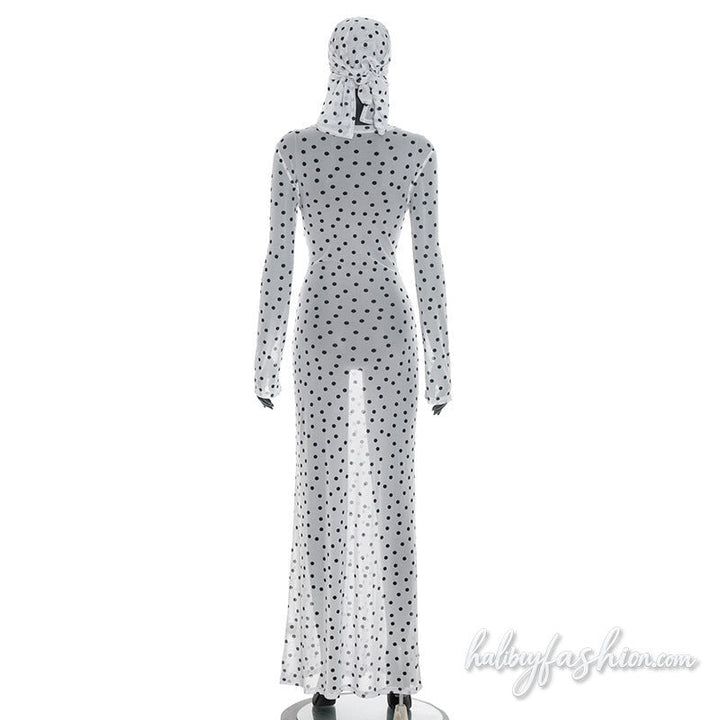 Polka dot long sleeve sheer mesh crewneck maxi dress - Halibuy - 5