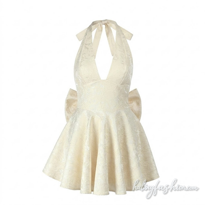 Halter self tie bowknot v neck print mini dress