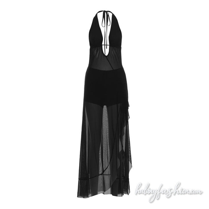 Halter self tie mesh slit irregular midi dress